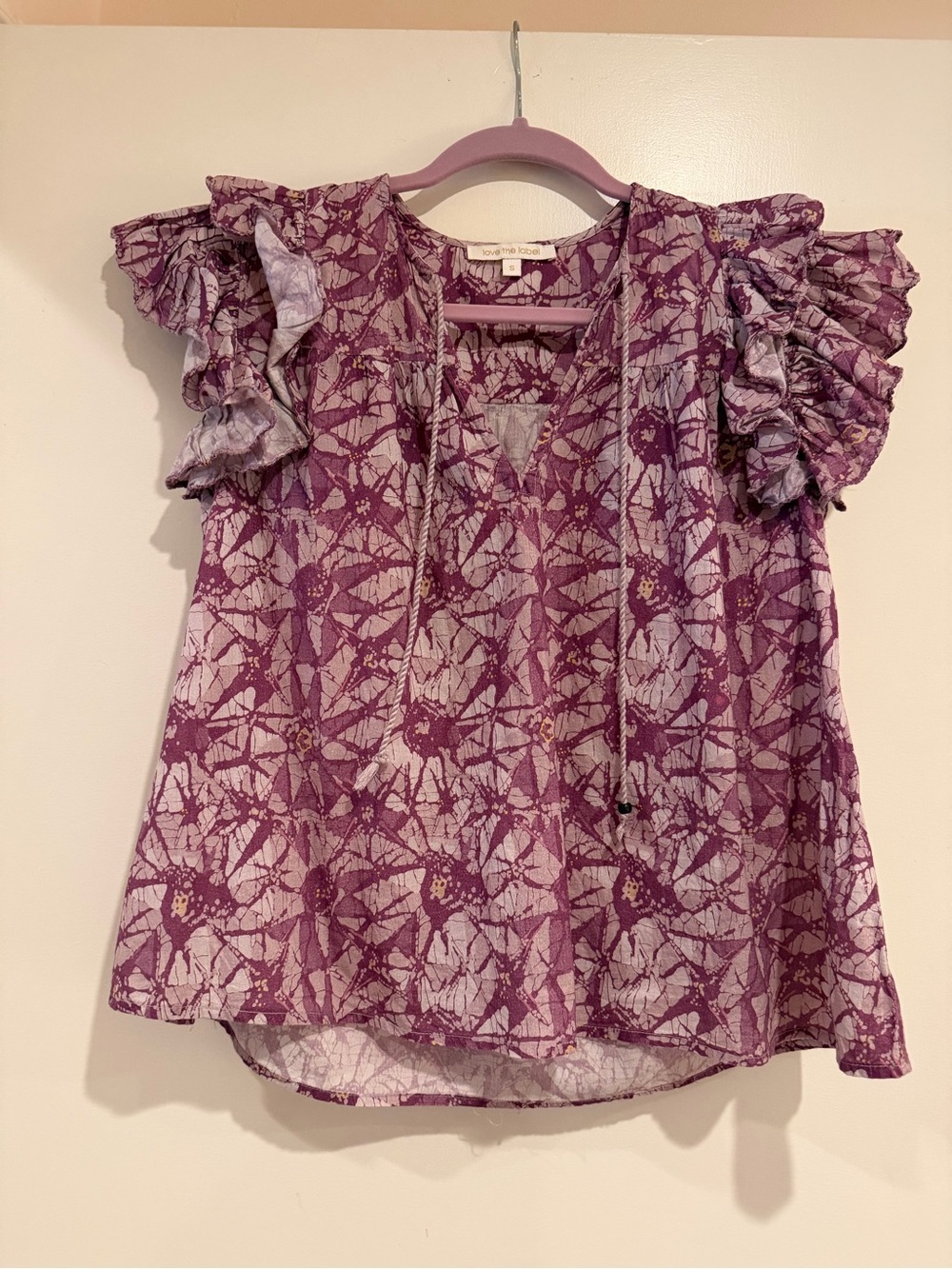Love the Label Anthropologie Purple Floral Ruffle Sleeve Blouse